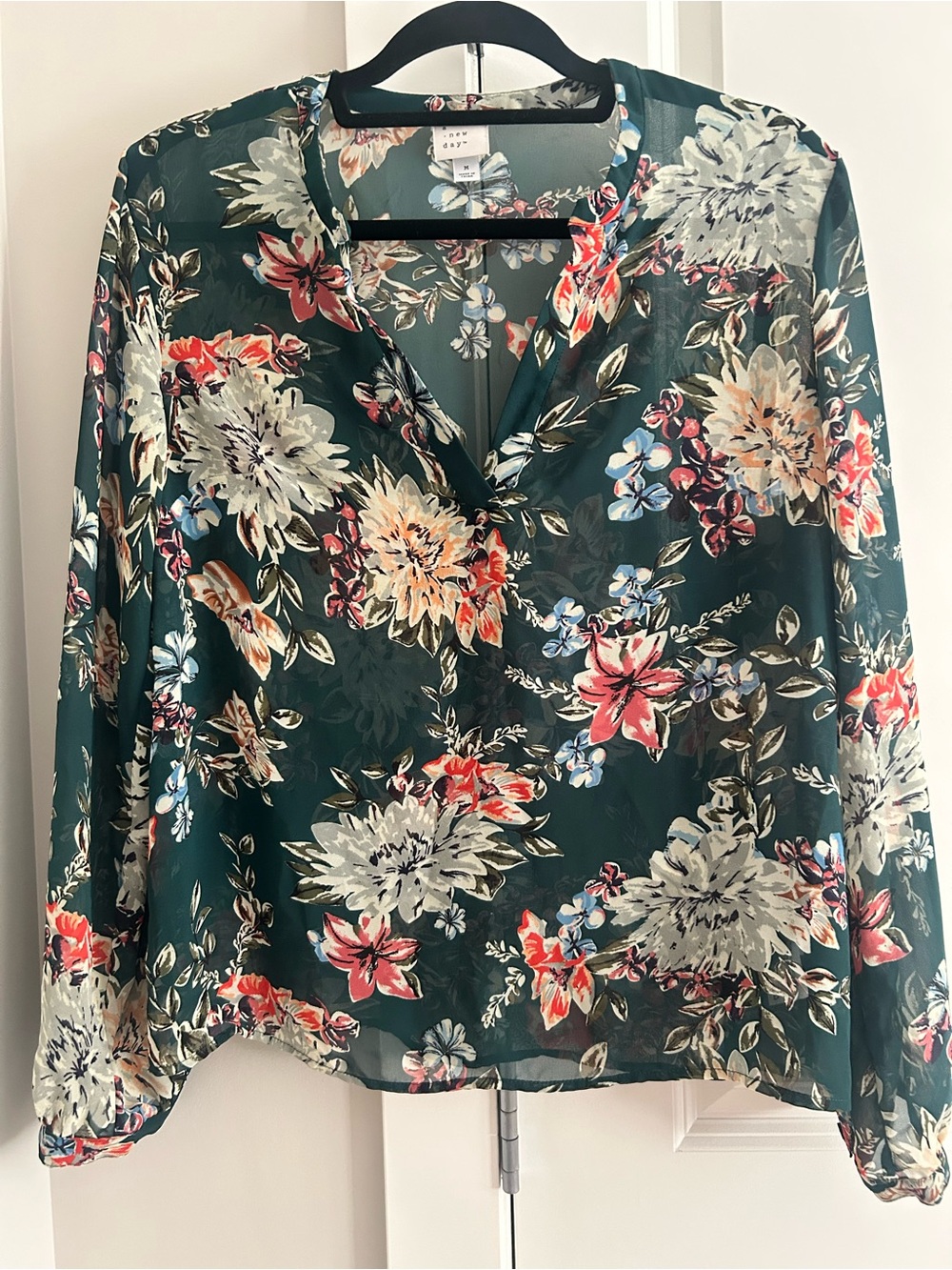 A New Day / Dark Green Floral V-Neck Long Sleeve Blouse